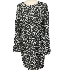 Michael Kors Black White Leopard Print Midi Dress Lined Long Sleeve Zipper Sz 12